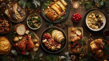 Holiday feast with Christmas decorations and festive dishes