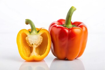 fresh bell pepper cut in half on white background