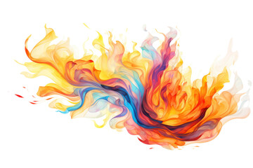 A dramatic burst of flames reaching upwards with high-intensity colors and movement, isolated on a crisp white background.
