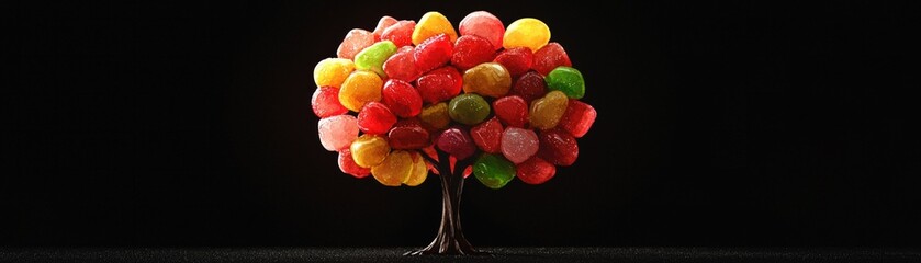 A vibrant, candy-themed tree made of colorful sweets against a dark background, symbolizing whimsy and creativity.
