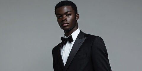 Elegant man in black tuxedo on grey backdrop