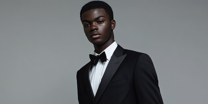 Elegant man in black tuxedo on grey backdrop