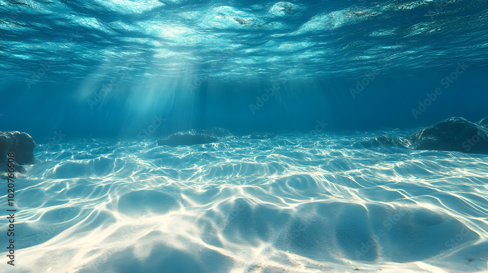 Wall mural empty underwater ocean bottom background with copy space: an underwater view of the ocean floor with