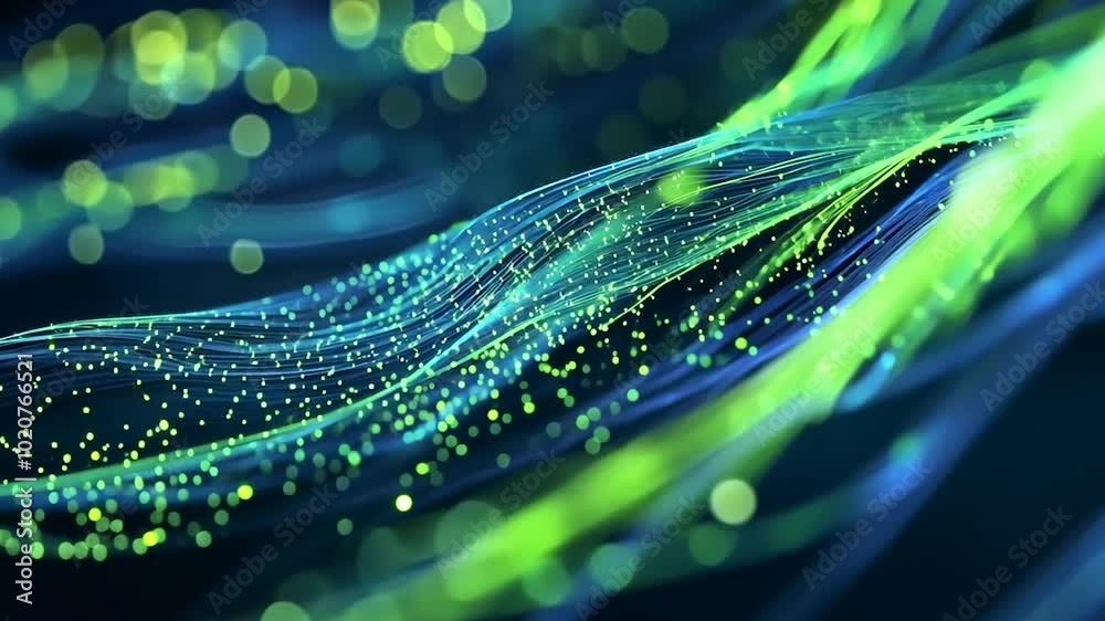 Poster abstract particles flowing and creating a wavy pattern with a depth of field effect. ideal for techn