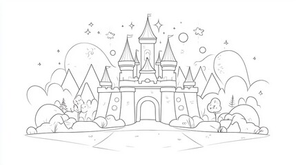 Obraz premium Hand-Drawn Illustration of a Magical Castle in a Starry Sky. AI Generated