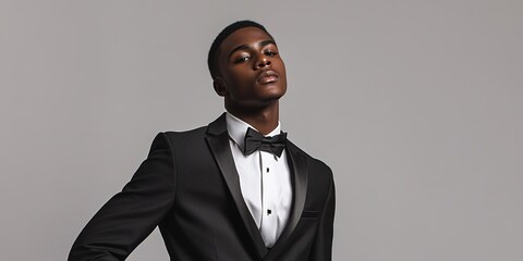 Elegant man in black tuxedo and bow tie posing