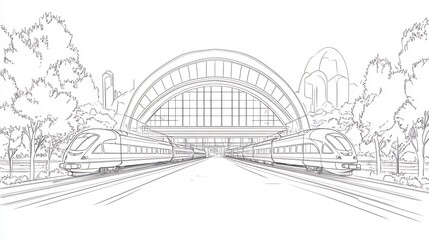 Line Drawing of Modern Train Station with Two High-Speed Trains Arriving. AI Generated