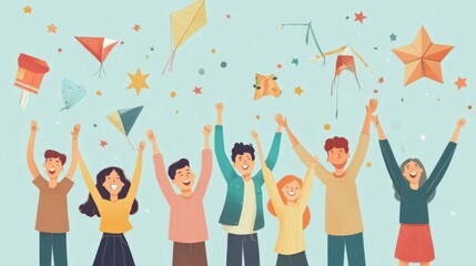 group of happy people celebrating with kites and stars