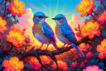 Joyful Bluebirds on Vibrant Springtime Branch - Colorful Floral Illustration with Bright Sunset Background