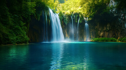 Exotic Waterfall and Lake Landscape of Plitvice Lakes National Park: A stunning view of the waterfalls and lakes in Plitvice Lakes National Park, Croatia, known for its cascading waters and lush 