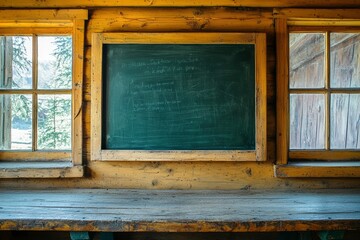 A rustic wooden interior with a chalkboard and two windows