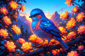 Vibrant Bluebird on Branch Amidst Tropical Flowers at Sunset: Stunning Wildlife and Scenic Nature Photography