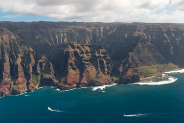 View of Na Pali Coast State Wilderness Park as seen from a helicopter tour on Kauai Island (Hawaii, USA)