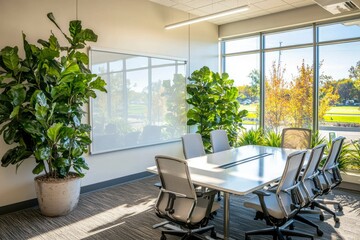 Modern Office Conference Room with Large Windows and Plants