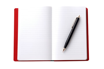 Naklejka premium A close-up of a single notebook with a pen resting on its open pages isolated on white background