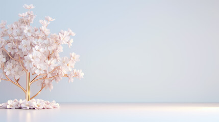 A beautifully crafted artificial tree with gentle pink flowers stands elegantly on a clean white background, creating a peaceful atmosphere perfect for commercial presentations