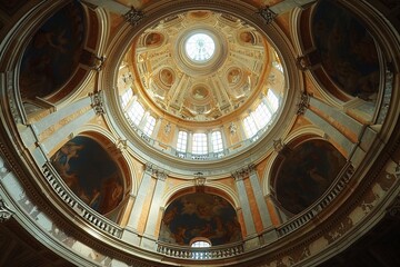 Obraz premium The view from below captures the stunning ceiling of a historic structure, featuring rich frescoes, ornate patterns, and an impressive dome. Sunlight filters through, highlighting the artistry