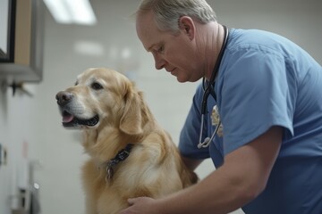 veterinarian examining golden retriever dog