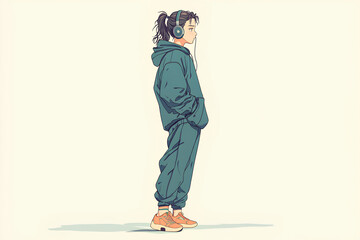 Fototapeta premium Side view of trap boy in tracksuit walking with hands in her pockets and listening music