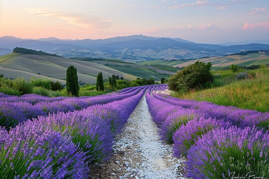 Vibrant lavender fields stretch across rolling hills as the sun sets, casting a warm glow over the landscape. This peaceful scene invites relaxation and admiration of nature's beauty