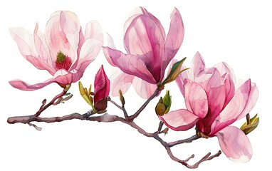 Fototapeta premium Watercolor magnolia flowers. Hand painted illustration on white background.