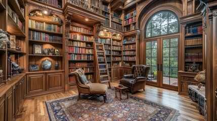 A Cozy Reading Nook with a View in a Luxurious Wooden Library