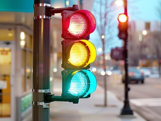 stoplight with bright red, yellow, and green lights flashing.