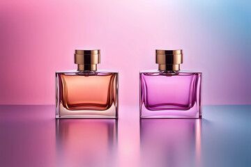  Two elegant transparent glass perfume bottles on pink and blue gradient background. Fragrance Mockup with Copy Space - Generative AI