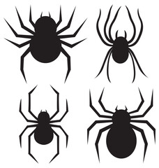 Black spider flat icon set isolated on white background.