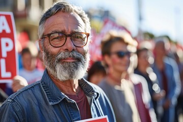 A smiling older man with glasses and a beard stands at a rally, proudly holding a sign. He is surrounded by a crowd in a vibrant urban area, under clear blue skies, showcasing community engagement
