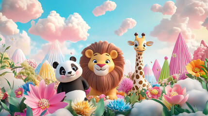 Fototapeta premium cheerful cartoon lion, panda, and giraffe, standing together in a playful fantasy world with candy-colored mountains and fluffy clouds, bright flowers blooming in the foreground