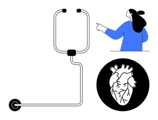 A healthcare professional in blue attire points towards a diagram featuring a stethoscope and a detailed heart. Ideal for medical education, healthcare, cardiology, heart health awareness