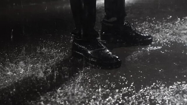 A man in black shoes in the rain, close-up