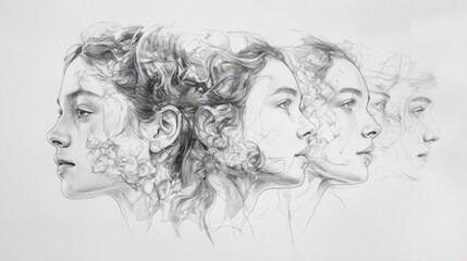 Fototapeta premium Exploring Human Emotions Through Elegant Sketches of Feminine Profiles
