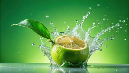 Fresh calamansi fruit with water splash on soft green background