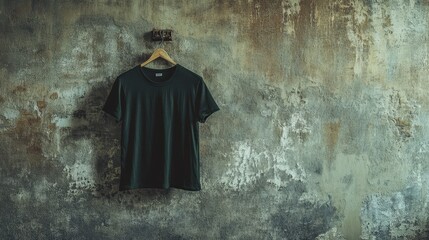 Naklejka premium black t-shirt hanging on grunge wall