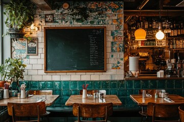 A Rustic Cafe Interior with Green Tile Walls and Wooden Tables