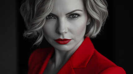 Confident woman in red business suit, black and white photograph for design and advertising projects