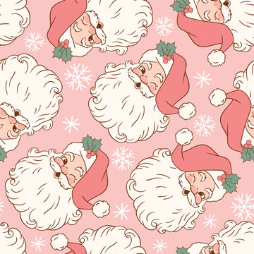 Seamless vector pattern with cute vintage Santa Claus. Hand drawn retro Christmas pattern. Perfect for textile, wallpaper or nursery print design. EPS10 vector file.