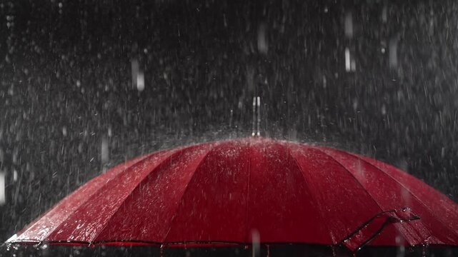Red umbrella in the rain on a black background, slow mo