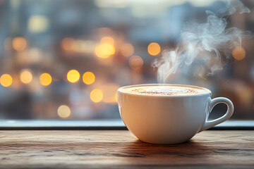 Cup of hot morning coffee on windowsill of cottage. Mug of cappuccino with cosy knitted blanket by window. Winter frosty snowy forest landscape. Concept home warmth and comfort copy space
