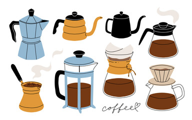 Coffee makers. French press filter and cezve for turkish coffee, chemex, moka pot. Cafe or bakery equipment for morning energy hot drinks, Flat cartoon vector set.