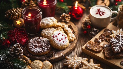 Fototapeta premium Christmas cookies with festive candles and hot drink