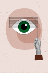 Vertical photo collage of hand hold blinders rope shut eyeball privacy concept spy observer stalker...