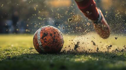 close-up of a football being kicked during a game, with the turf flying up in the background, highlighting the power of the kick