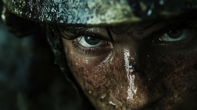 Intense close-up of a person's face in the rain