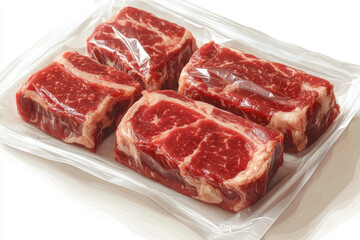 Fototapeta premium Cubes of raw beef packed in vacuum packaging are ready for sale in the supermarket