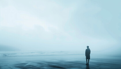 Obraz premium Solitary Figure on a Foggy Beach at Dawn - Atmospheric Loneliness and Reflection Photograph