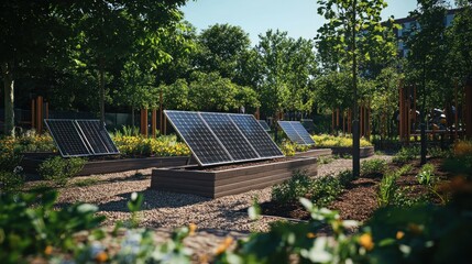 Solar Panels Integrated into a Green Garden Landscape