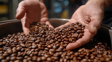 Hands Holding Roasted Coffee Beans In A Metal Bowl